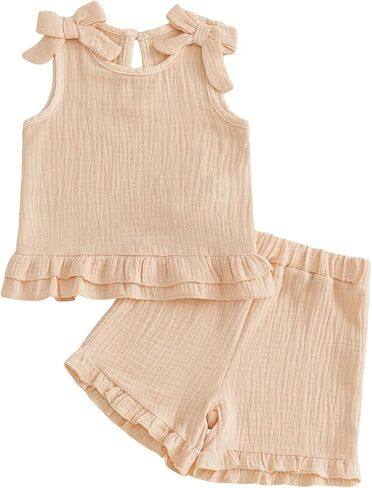 MoZiKQin Toddler Baby Girl Summer Clothes Waffle Ruffle Sleeveless Tank Tops and Shorts Set 2 Piece Outfits Girls Clothing in Kuwait