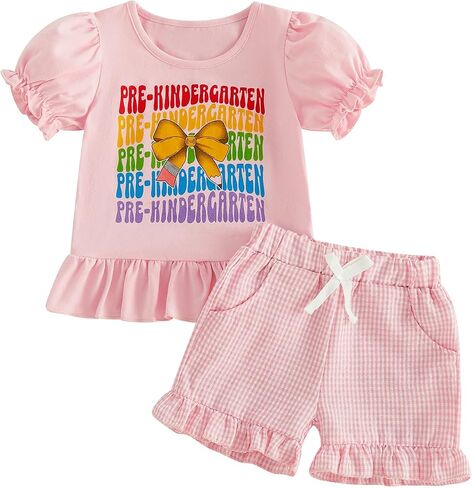 Toddler Girls First Day of Pre-K Outfit Puff Sleeve T-Shirt + Plaid Shorts Set 2T 3T 4T Back to School Clothes in Kuwait