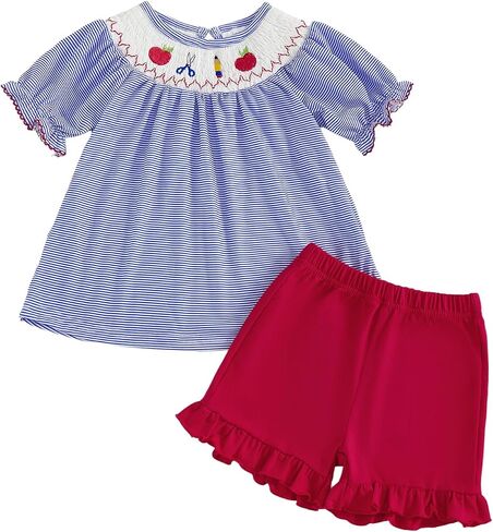Toddler Girl Back to School Outfit Embroidery Smocked Short Sleeve Striped Shirt Top Ruffle Shorts Set Summer Clothes in Kuwait