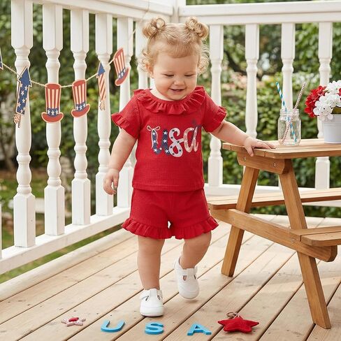 Sejardin Infant Baby Girl Summer Clothes Letter Print Ruffle Short Sleeve Tops and Stretch Shorts Cute Toddler Outfit in Kuwait