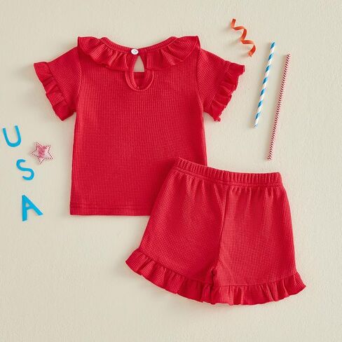 Sejardin Infant Baby Girl Summer Clothes Letter Print Ruffle Short Sleeve Tops and Stretch Shorts Cute Toddler Outfit in Kuwait