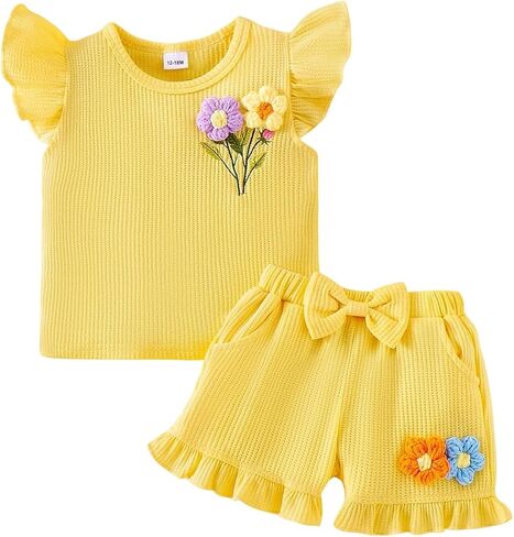 Toddler Baby Girl Clothes Summer Outfits Flutter Sleeve Flower Embroidered Tops and Shorts Set 12 Months - 5 Years in Kuwait