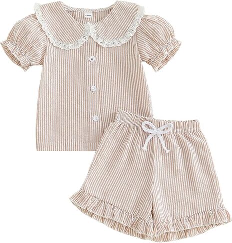 CIYCUIT Toddler Girl Summer Outfit Short Sleeve Doll Collar Shirt Striped Shorts Set in Kuwait