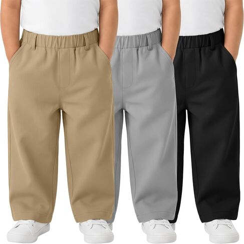 3 Pack Toddler Boys School Uniform Pants | with Pockets, Elastic Waist, Straight Leg, Pull-on, Playtime, Daily Wear, Outdoor Activities, Everyday Outfits in Kuwait