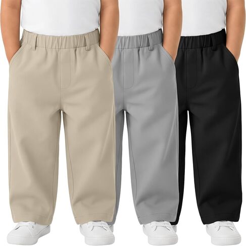 3 Pack Toddler Boys School Uniform Pants | with Pockets, Elastic Waist, Straight Leg, Pull-on, Playtime, Daily Wear, Outdoor Activities, Everyday Outfits in Kuwait