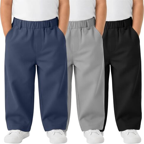 3 Pack Toddler Boys School Uniform Pants | with Pockets, Elastic Waist, Straight Leg, Pull-on, Playtime, Daily Wear, Outdoor Activities, Everyday Outfits in Kuwait