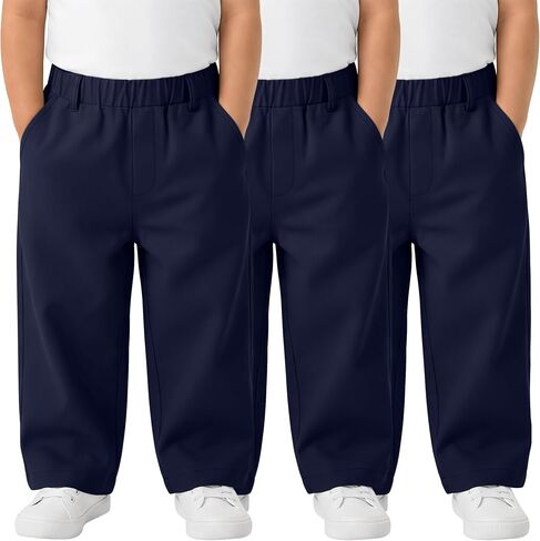 3 Pack Toddler Boys School Uniform Pants | with Pockets, Elastic Waist, Straight Leg, Pull-on, Playtime, Daily Wear, Outdoor Activities, Everyday Outfits in Kuwait