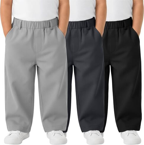 3 Pack Toddler Boys School Uniform Pants | with Pockets, Elastic Waist, Straight Leg, Pull-on, Playtime, Daily Wear, Outdoor Activities, Everyday Outfits in Kuwait