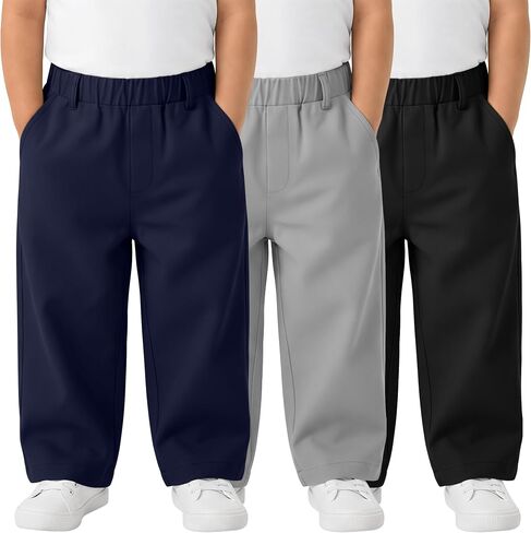 3 Pack Toddler Boys School Uniform Pants | with Pockets, Elastic Waist, Straight Leg, Pull-on, Playtime, Daily Wear, Outdoor Activities, Everyday Outfits in Kuwait