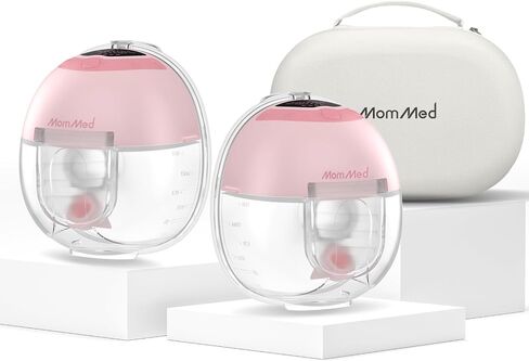 MomMed S33 Wearable Breast Pump with Case, Ultra-Quiet in-Bra Pump for Work & Night, One-Tap Pause, Night Light, Leakproof, 4 Modes 9 Levels, 17/19/21mm Inserts (Pink, Double Pro (with Case)) in Kuwait