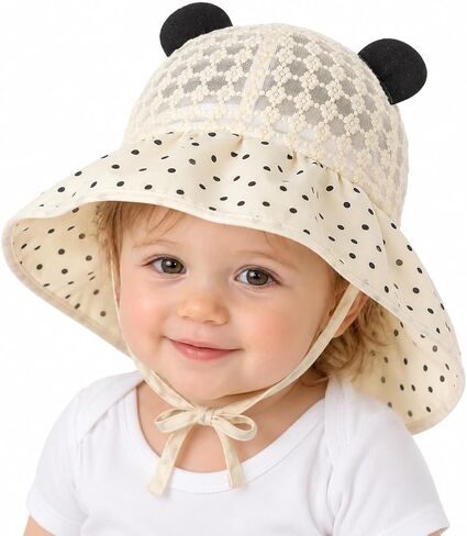 Toddler Girls Sun Hat - Wide Brim Bucket Hat with Neck Flap, Crochet Lace, Adjustable Strap (1-4 Years) in Kuwait