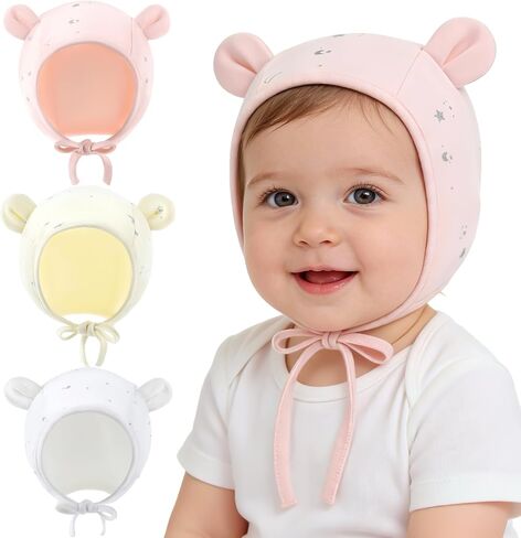 3 Pack Baby Beanie hat with Ear Flaps for Unisex Newborn Infant Toddler Baby Girls Boys 0-24 Months Cotton Soft in Kuwait