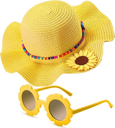 Jecery Girls Straw Sun Hat with Flower Sunglasses, Kids Summer Beach Floppy Cap Fits Head 50-52 cm, Toddlers Ages 2-6 in Kuwait