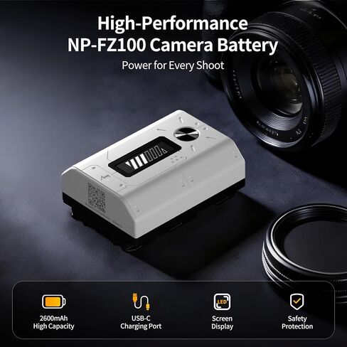 1-Pack 2600mAh NP-FZ100 Rechargeable Camera Battery USB-C Fast Charging | The LCD displays the battery level and the number of charge cycles,The battery can be charged directly via USB-C in Kuwait