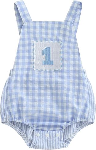 Baby Boy 1st Birthday Outfit Embroidery Blue Gingham Sleeveless Bodysuit First Birthday Clothes Cake Smash Romper in Kuwait