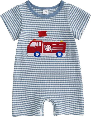 Newborn Baby Boy Summer Clothes Truck Embroidered Romper Striped Short Sleeve Jumpsuit Onesie Infant Boy Outfit in Kuwait