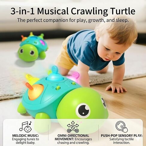 3-in-1 Musical Crawling Turtle Baby Toy - Tummy Time Toy with Smart Obstacle Avoidance, Push-and-Pop Sensory Shell & Sleep Soothing, Baby Infant Toys for 0-12 Months in Kuwait