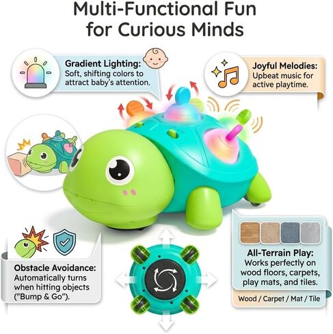 3-in-1 Musical Crawling Turtle Baby Toy - Tummy Time Toy with Smart Obstacle Avoidance, Push-and-Pop Sensory Shell & Sleep Soothing, Baby Infant Toys for 0-12 Months in Kuwait