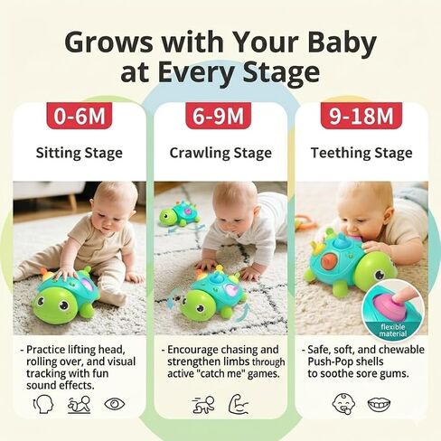 3-in-1 Musical Crawling Turtle Baby Toy - Tummy Time Toy with Smart Obstacle Avoidance, Push-and-Pop Sensory Shell & Sleep Soothing, Baby Infant Toys for 0-12 Months in Kuwait