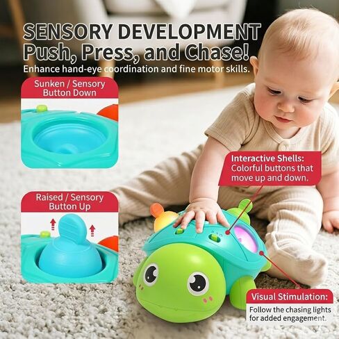 3-in-1 Musical Crawling Turtle Baby Toy - Tummy Time Toy with Smart Obstacle Avoidance, Push-and-Pop Sensory Shell & Sleep Soothing, Baby Infant Toys for 0-12 Months in Kuwait
