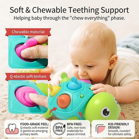 3-in-1 Musical Crawling Turtle Baby Toy - Tummy Time Toy with Smart Obstacle Avoidance, Push-and-Pop Sensory Shell & Sleep Soothing, Baby Infant Toys for 0-12 Months in Kuwait