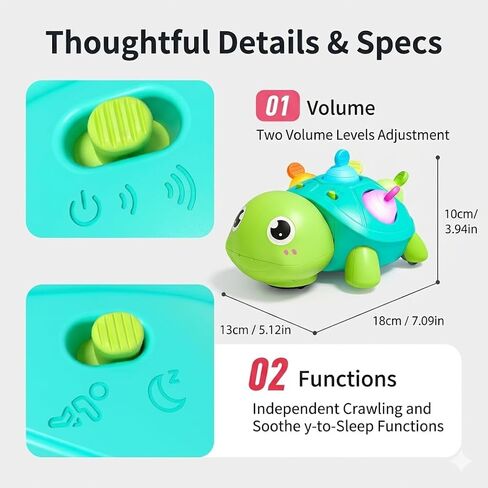 3-in-1 Musical Crawling Turtle Baby Toy - Tummy Time Toy with Smart Obstacle Avoidance, Push-and-Pop Sensory Shell & Sleep Soothing, Baby Infant Toys for 0-12 Months in Kuwait