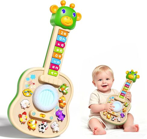 Toddler Montessori Toys for 1 Year Old Boy Girl, Birthday Gifts for 1 Year Old Boys Girls, Toddler Educational Learning Guitar Toys with LED-Light & Animals Sounds, 1st Birthday Boy Girl Gifts in Kuwait