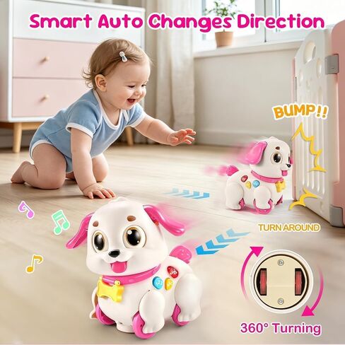 Yunaking Musical Puppy Toy for 1 Year Old Girl Gifts: Interactive Learning Baby Toy 6-12- 18 Months, Auto-Avoid Obstacle, Encourages Crawling & Walking, 1st Birthday Xmas Gift for 1 2 Year Old Girl in Kuwait