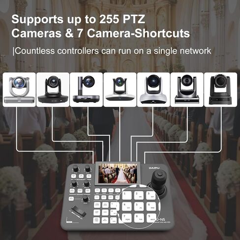 DAIPU PTZ Camera Controller with 5-Inch LCD Screen 4D Joystick LAN RS232 RJ45 RS485/422 DC12V Professional Control Keyboard for Church Worship Live Streaming Video Conference Events in Kuwait