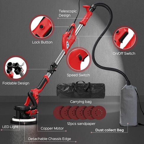 Drywall Sander, Upgraded 8-Amp Popcorn Ceiling Removal Tool with 7 Variable Speed 800-1800RPM, Drywall Sander with Vacuum Dust Collector with LED Light, Bench Grinders,12pcs Sanding Discs, Rose Red in Kuwait
