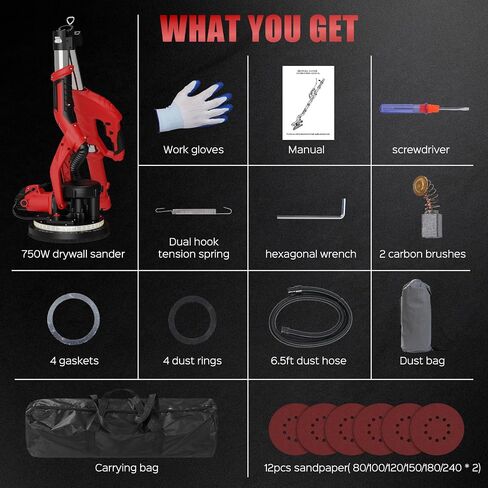 Drywall Sander, Upgraded 8-Amp Popcorn Ceiling Removal Tool with 7 Variable Speed 800-1800RPM, Drywall Sander with Vacuum Dust Collector with LED Light, Bench Grinders,12pcs Sanding Discs, Rose Red in Kuwait