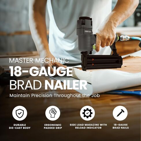 Master Mechanic Pneumatic 18 Gauge Die Cast Brad Nailer, Lightweight Aluminum, Side Load Magazine, Drives 3/8" to 2" Nails for Trim, Base Molding in Kuwait