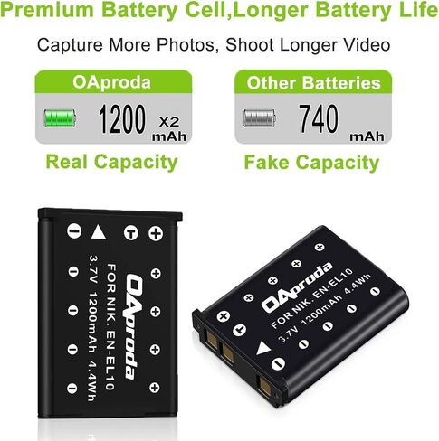 OAproda 2 Pack EN-EL10 Battery and Rapid USB Charger for Nikon Coolpix S3000 S4000 S5100 S600 S700, S200 S210 S220 S230 S500 S510 S520 S570, S60 S80 S203 S205 Digital Camera MH-63 Charger in Kuwait