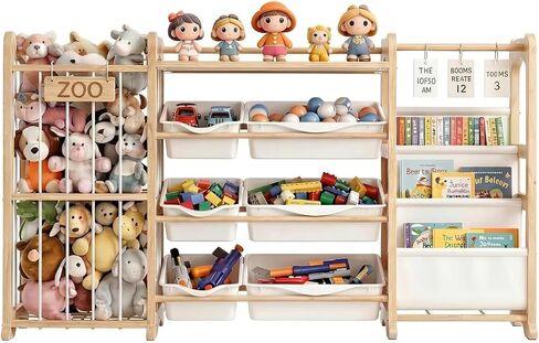 3-in-1 Toy Storage Organizer with Bookshelf Stuffed Animal Storage and 6 Storage Bins Large Wooden Kid Toddler Toy Shelf for Playroom Bedroom Nursery Anti Tip Easy Clean in Kuwait