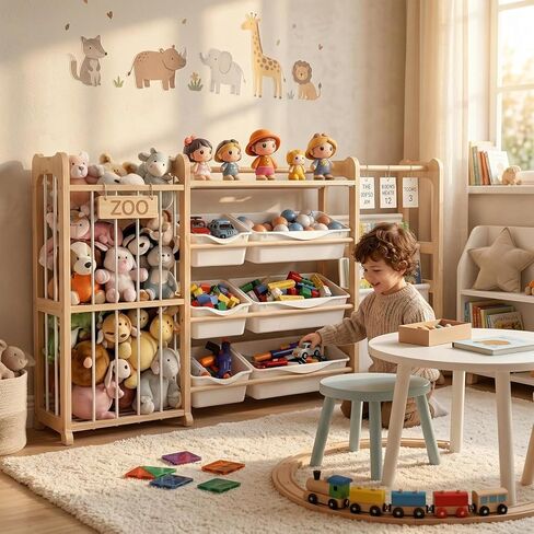 3-in-1 Toy Storage Organizer with Bookshelf Stuffed Animal Storage and 6 Storage Bins Large Wooden Kid Toddler Toy Shelf for Playroom Bedroom Nursery Anti Tip Easy Clean in Kuwait