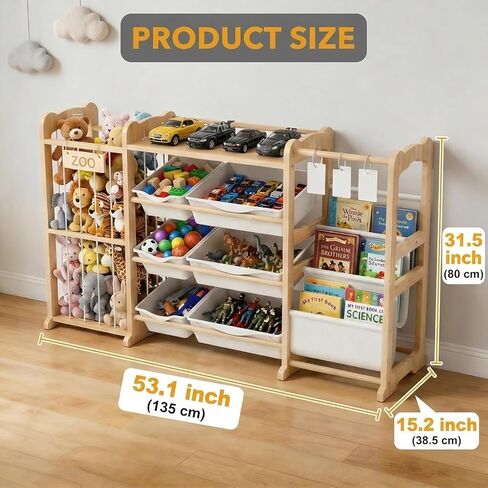 3-in-1 Toy Storage Organizer with Bookshelf Stuffed Animal Storage and 6 Storage Bins Large Wooden Kid Toddler Toy Shelf for Playroom Bedroom Nursery Anti Tip Easy Clean in Kuwait