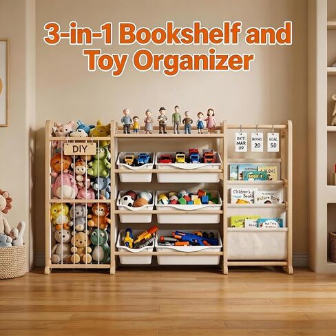 3-in-1 Toy Storage Organizer with Bookshelf Stuffed Animal Storage and 6 Storage Bins Large Wooden Kid Toddler Toy Shelf for Playroom Bedroom Nursery Anti Tip Easy Clean in Kuwait