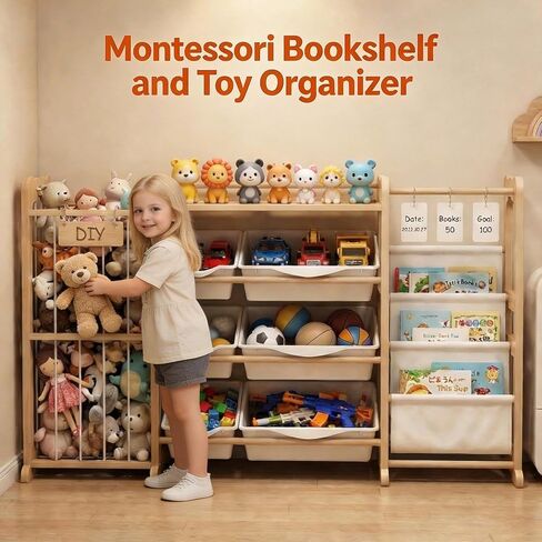 3-in-1 Toy Storage Organizer with Bookshelf Stuffed Animal Storage and 6 Storage Bins Large Wooden Kid Toddler Toy Shelf for Playroom Bedroom Nursery Anti Tip Easy Clean in Kuwait