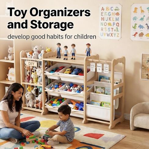 3-in-1 Toy Storage Organizer with Bookshelf Stuffed Animal Storage and 6 Storage Bins Large Wooden Kid Toddler Toy Shelf for Playroom Bedroom Nursery Anti Tip Easy Clean in Kuwait