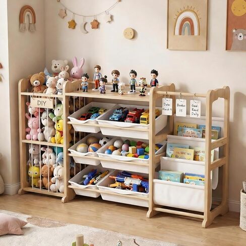 3-in-1 Toy Storage Organizer with Bookshelf Stuffed Animal Storage and 6 Storage Bins Large Wooden Kid Toddler Toy Shelf for Playroom Bedroom Nursery Anti Tip Easy Clean in Kuwait