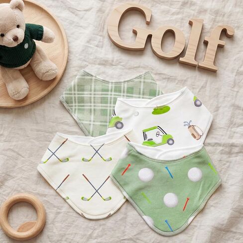 4 Pcs Golf Baby Bibs for Boys Girls Baby Golf Stuff Cotton Bandanas Adjustable Absorbent Triangle Bibs for Drooling and Teething Vintage Sports Nursery Items Infant Essentials Newborn Gifts in Kuwait