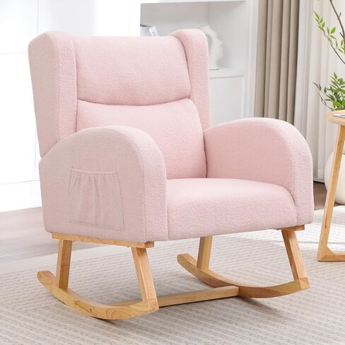 Nursery Rocking Chair,Linen Upholstered Rocker Chair,Wingback Nursing Rocking Chair with High Back for Nursing Adults Living Room, Bedroom(Linen Beige) in Kuwait