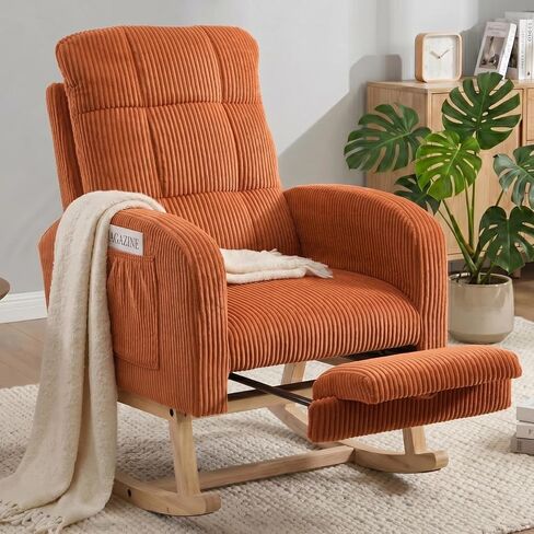 Nursery Rocking Chair, Corduroy Upholstered Glider Rocker with Adjustable Footrest, Cozy Rocking Chair with High Back & Side Pockets, Accent Chair for Living Room Bedroom Office (Brown) in Kuwait