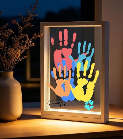 Family Handprint Kit with 5 Clear Acrylic Sheets, 12.3x8.7" Wooden Handprint Frame Kit for 5 Family Members or Pets, Unique Keepsake with 7 Non-Toxic Paints & Marker, Meaningful DIY Personalized Gift in Kuwait
