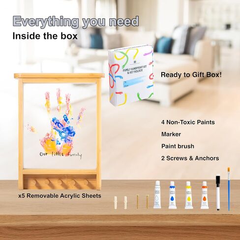 Family Handprint Kit & Key Holder – DIY Eco-Friendly Bamboo Keepsake Kit with Non-Toxic Paints, Personalized Baby Gifts for Family, New Parents & Grandparents, Unique Gift for Baby Showers in Kuwait