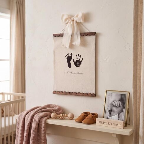 Novabright Baby Hand and Footprint Kit with Ink Pad Ribbon Bow Baby Handprint Kit Footprint Wall Hangings for Nursery Scalloped Keepsake Gift for New Mom First Mother's Day in Kuwait