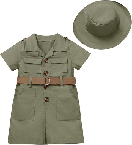 FYMNSI Safari Outfit for Girl & Boy, Toddler Baby Zoo Keeper Jumpsuit with Hat, Jungle Explorer Birthday Themed Clothes 0-5Y in Kuwait