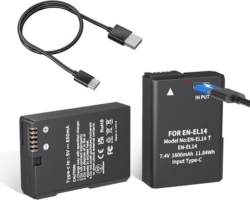 LP EN-EL14 EN-EL14a Battery 1600mAh 2-Pack with USB-C Fast Charging Cable for Nikon D3100 D3200 D3300 D3400 D3500 D5100 D5200 D5300 D5500 D5600 DF Coolpix P7000 P7100 P7700 P7800 Cameras in Kuwait