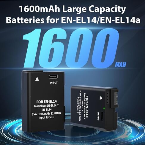 LP EN-EL14 EN-EL14a Battery 1600mAh 2-Pack with USB-C Fast Charging Cable for Nikon D3100 D3200 D3300 D3400 D3500 D5100 D5200 D5300 D5500 D5600 DF Coolpix P7000 P7100 P7700 P7800 Cameras in Kuwait