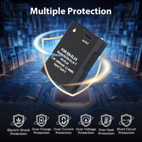 LP EN-EL14 EN-EL14a Battery 1600mAh 2-Pack with USB-C Fast Charging Cable for Nikon D3100 D3200 D3300 D3400 D3500 D5100 D5200 D5300 D5500 D5600 DF Coolpix P7000 P7100 P7700 P7800 Cameras in Kuwait